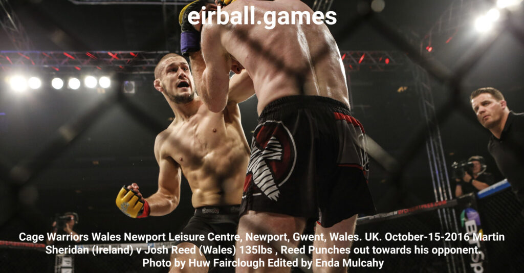 Cage Warriors Wales Newport Leisure Centre, Newport, Gwent, Wales. UK. October-15-2016 Martin Sheridan (Ireland) v Josh Reed (Wales) 135lbs , Reed Punches out towards his opponent